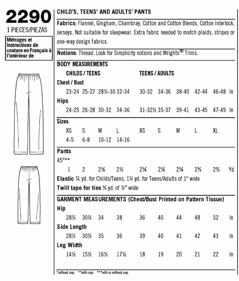 Simplicity 2290 AKA 9129 Pajama Bottoms Sewing Pattern Pants | Etsy