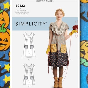 May include: Simplicity sewing pattern S9122 by Dottie Angel. The pattern includes a dress design with pockets. The image shows a woman wearing a dress made from the pattern. The pattern size is XS-XL.