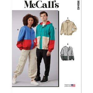 May include: McCall's sewing pattern featuring a color-blocked jacket design. The pattern includes illustrations of the jacket in various color combinations, with models wearing the finished garments. The text "McCall's" is prominently displayed.