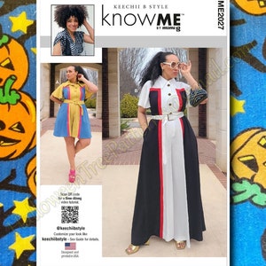 May include: A sewing pattern for a dress with two different styles. The first style is a short, blue dress with yellow and red accents. The second style is a long, white dress with black and red accents. The pattern is called "knowME" by mimig and is designed and printed in the USA.