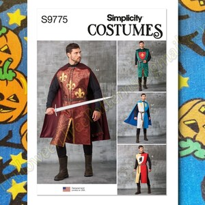 May include: Simplicity Costumes sewing pattern S9775 for a knight costume. The pattern includes four different costume variations, each with a different design for the tunic and cape. The pattern is designed and printed in the USA.
