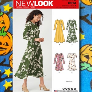 May include: Sewing pattern for a dress with a long sleeve and a short sleeve option. The pattern is for sizes 6-18, 34-46, and 32-44. The pattern is called Newlook 6574.