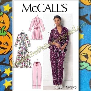 McCalls 7875 Sewing Pattern Pajamas Robe Sleepwear Nightie sizes XS-M M7875