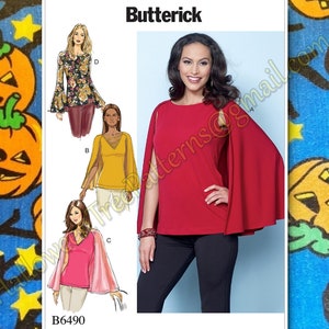 May include: A sewing pattern for a women's top with a cape. The pattern includes three different styles: a red top with a cape, a yellow top with a cape, and a floral print top with bell sleeves. The pattern is from Butterick and the pattern number is B6490.