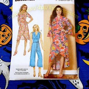 May include: A Butterick sewing pattern, B6658, showing a wrap dress and jumpsuit. The dress has a floral design, and the jumpsuit is blue. The pattern includes sizes 14-22.