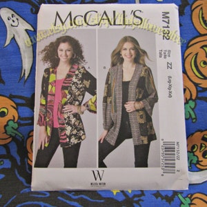 May include: A sewing pattern for a long, open-front cardigan with a geometric print. The pattern is McCall's M7132 and is for sizes Lrg-Xlg-Xxl. The pattern is designed by Melissa Watson.