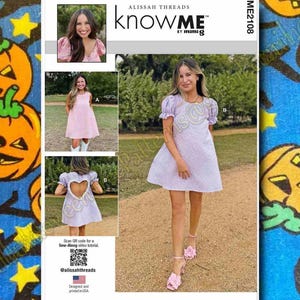 May include: A sewing pattern for a dress with a heart-shaped cutout in the back. The pattern is called "knowME" by mimig and is designed and printed in the USA. The pattern includes three different views of the dress, with a model wearing each view. The pattern is available in sizes A and B.