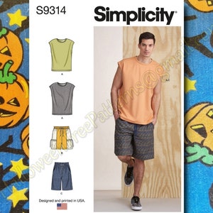 SIMPLICITY 9314 Mens Shorts Cargo and Elastic options Sleeveless knit tshirt Unisex Sewing Pattern sizes XS-XL S9314