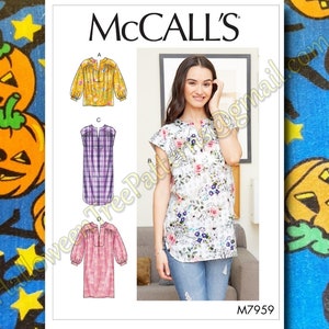 May include: McCall's sewing pattern M7959 for a women's top with four different style variations. The pattern includes a yellow floral top, a purple plaid top, a pink floral top, and a white floral top with short sleeves.