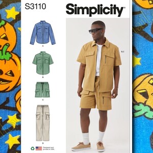 May include: Simplicity sewing pattern S3110 for a shirt and shorts set. The pattern includes instructions for making a short-sleeved button-up shirt with a pocket and a pair of cargo shorts with multiple pockets. The pattern is designed and printed in the USA.
