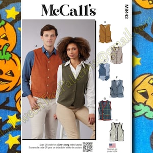 May include: Sewing pattern for vests, McCall's pattern M8442. The pattern includes instructions for making eight different vests, including a brown vest, a green vest, a plaid vest, and a blue vest. The pattern is designed and printed in the USA.