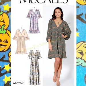 May include: A sewing pattern for four different styles of dresses. The pattern is called McCall's M7969. The dresses are all in different colors and patterns. The pattern is for a women's dress.
