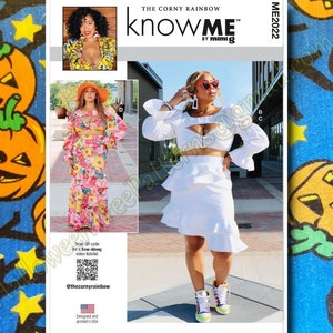 May include: A sewing pattern for a two-piece outfit with a white top and a white skirt with ruffles. The pattern is called "knowME" by mimig and is for size ME2022. The pattern includes a QR code for a sew-along video tutorial.