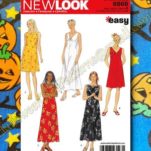 May include: A New Look sewing pattern, number 6866, featuring illustrations of various sleeveless dress designs. The pattern includes options for different lengths and styles, with the word "easy" displayed prominently.