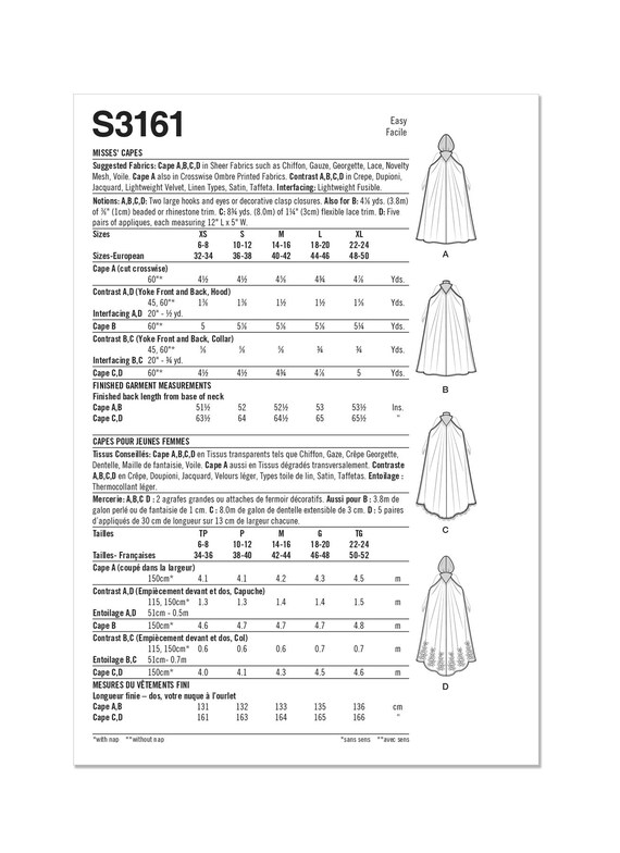Simplicity 3161 Hooded Costume Capes Sewing Pattern All Sizes Xs