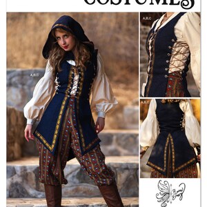 May include: Simplicity S3189 sewing pattern for a costume featuring a hooded vest with side lacing, a long-sleeved cream shirt, and patterned trousers. The vest is dark blue with gold trim. Includes a QR code for a video tutorial and text.
