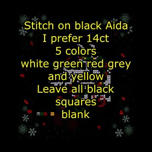May include: Black background with text that reads "Stitch on black Aida, I prefer 14ct, 5 colors, white green red grey and yellow, Leave all black squares blank." The image also has snowflake and berry designs.