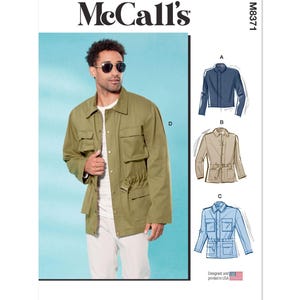 May include: McCall's sewing pattern M8371. The image shows a man wearing an olive green jacket. The pattern includes illustrations of three jacket styles in blue, tan, and light blue. The text "Designed and printed in USA" is also visible.