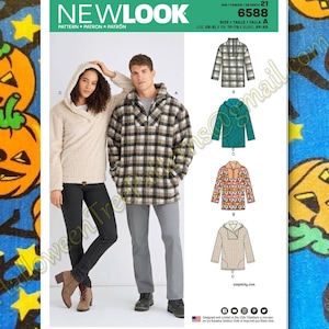May include: A sewing pattern for a hooded jacket with a plaid design. The pattern is from Newlook and is for sizes XS-XL. The pattern number is 6588.