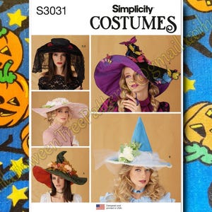 May include: Simplicity S3031 Costumes pattern for four different witch hats. The hats are in various colours and styles, including a black witch hat with a veil, a purple witch hat with butterflies, a red witch hat with autumn foliage, and a blue witch hat with white flowers.