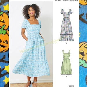 May include: A sewing pattern for a dress with two variations. The first variation is a blue floral dress with a square neckline and short sleeves. The second variation is a green dress with a square neckline and thin straps. The pattern is for sizes 6-18, 34-46, and 32-44.