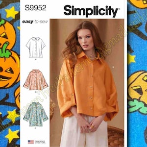 May include: Simplicity sewing pattern S9952 for easy-to-sew shirts. The pattern includes diagrams of three shirt styles, including a short-sleeved, a floral print, and a long-sleeved shirt. The model in the image is wearing an orange shirt.
