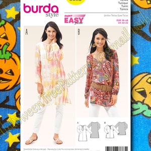 May include: Burda Style sewing pattern number 6683 for a tunic top. The pattern includes two styles, one with a round neckline and the other with a V-neckline. The pattern is labelled "super easy" and includes sizes EUR 36-48 and US 10-22.