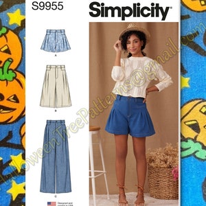 May include: Simplicity pattern S9955 features three different styles of bottoms: pleated shorts, culottes, and wide-leg pants. The model in the image is wearing the blue denim shorts. The pattern is designed and printed in the USA.
