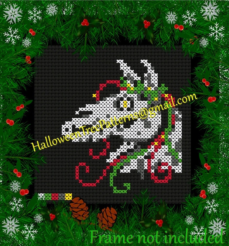 May include: Cross-stitch pattern featuring a white skull with red, green, and yellow accents, set against a black background. The design includes decorative swirls and is framed by Christmas greenery and snowflakes. Text reads "HalloweenTreePatterns@gmail.com".