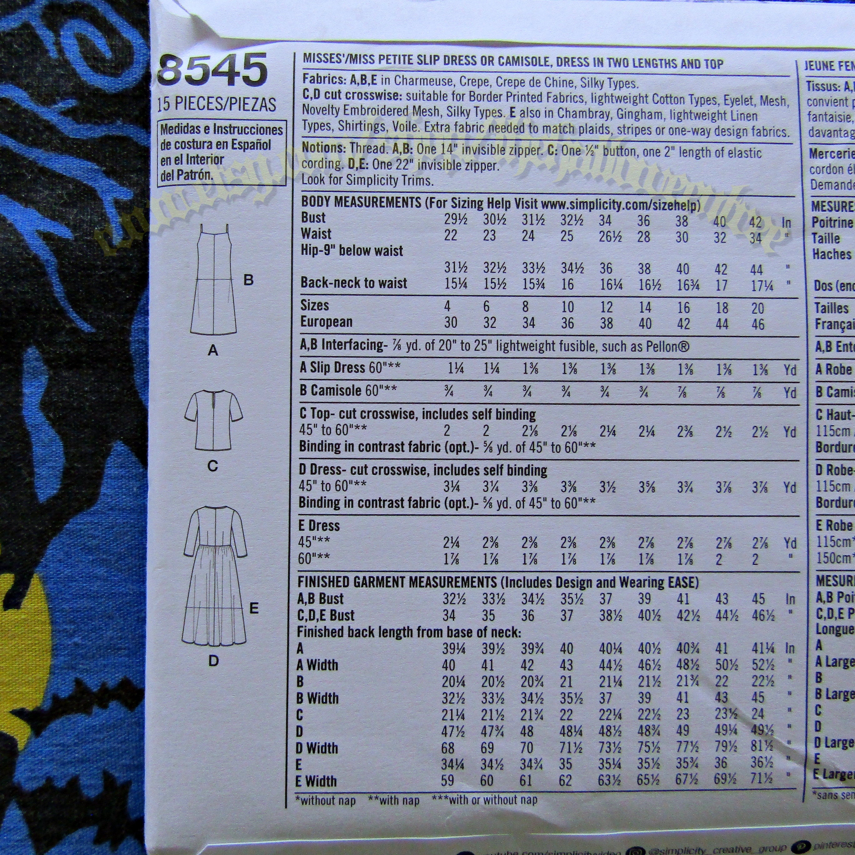 ー品販売  Slip Top Dress D5 8545 Simplicity Cami 4 Set Pattern Sewing 裁縫材料