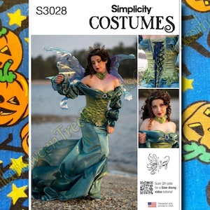 May include: Simplicity Costumes pattern S3028. The image shows a woman in a fairy costume with a green bodice and a long teal skirt. The costume includes iridescent wings and a jeweled crown. The pattern includes a QR code for a sew-along video tutorial.