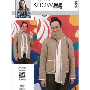 May include: A sewing pattern package with the text "DONNY Q knowME by mimi g". The package features a quilted jacket and scarf. The package also includes a photo of a person wearing the jacket and scarf.