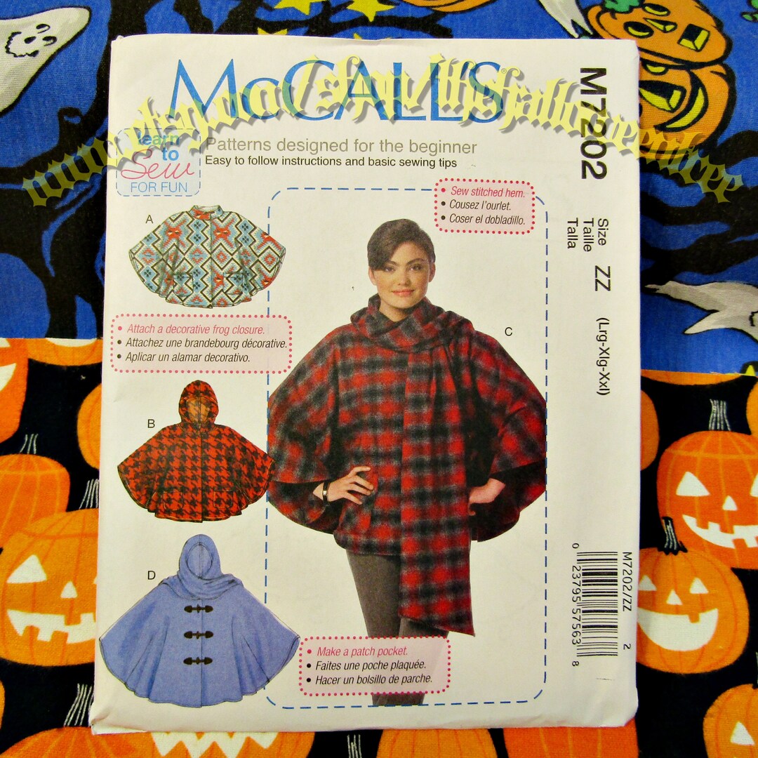 Mccalls 7202 Hooded Cape Poncho Cloak SEWING PATTERN Sizes Lrg-xlg-xxl ...