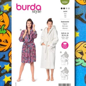 May include: A Burda Style sewing pattern, number 6094, featuring two bathrobes. One is a patterned purple, and the other is a solid white. The pattern includes sizing information in EUR and US measurements, and the word "leicht" is displayed.