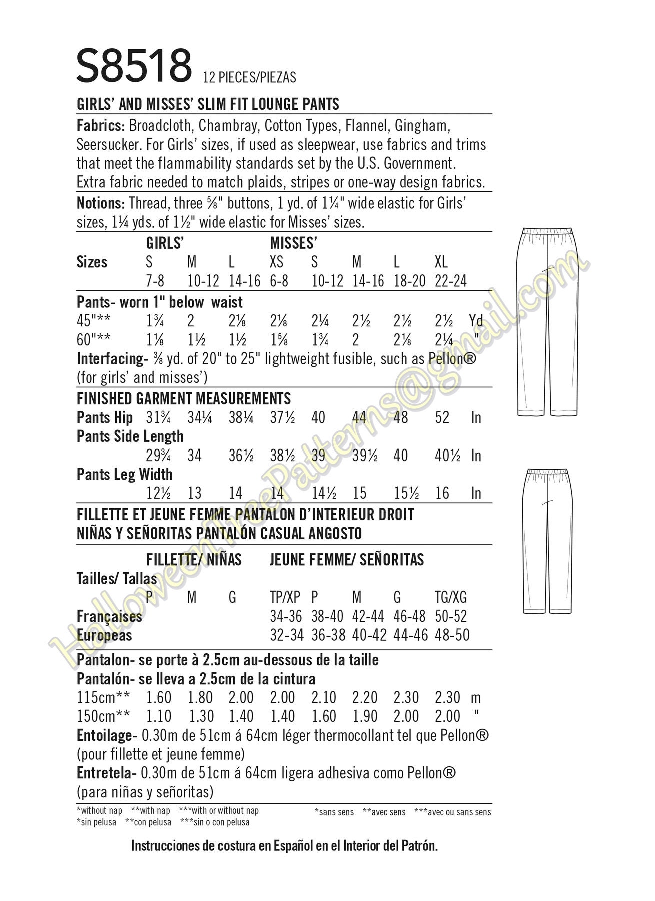 Simplicity S8518 Pajama Bottoms Sewing Pattern Pants Loungewear Misses ...