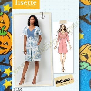 May include: A sewing pattern for a dress with two different styles. The first style is a blue and white floral dress with a blue denim patch on the chest. The second style is a pink dress with a V-neck. The pattern is called "Lisete Sew Your Style" and the pattern number is B6567.
