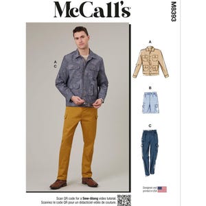 May include: McCall's M8393 sewing pattern. The image shows a man wearing a gray patterned jacket and mustard-colored pants. The pattern includes a jacket, shorts, and pants. The text says "Designed and printed in USA."