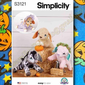 May include: A Simplicity sewing pattern for making three plush toy animals. The pattern is for a lamb, a pig, and a cow. The pattern is easy to sew and includes instructions for making the animals.
