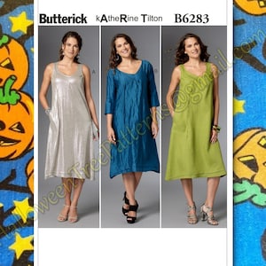 May include: A sewing pattern for a dress with three different styles. The pattern is from Butterick and is designed by kAtherine Tilton. The pattern number is B6283.