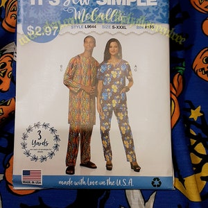May include: A sewing pattern package with the text "IT'S Sew SIMPLE McCall's". The package features illustrations of a man and woman wearing matching outfits. The pattern includes sizes S-XXXL and requires 3 yards of fabric. Made in the U.S.A.