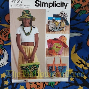 May include: Simplicity sewing pattern R11517 for a tote bag with a variety of fabric designs. The pattern includes instructions for making a hat and a tote bag with a variety of fabric designs. The pattern is designed and printed in the USA.