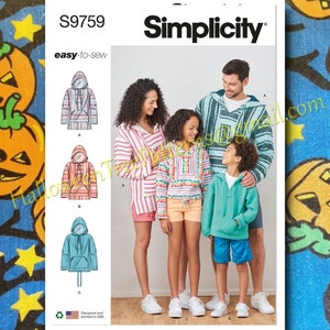 May include: Simplicity sewing pattern number S9759, easy-to-sew hooded sweatshirts for adults and children. The pattern includes three different styles: a striped hooded sweatshirt, a colorful hooded sweatshirt, and a solid blue hooded sweatshirt.
