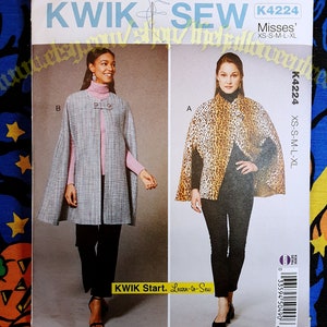 May include: A Kwik Sew sewing pattern, K4224, featuring two cape designs for Misses' sizes XS-XL. The pattern includes images of the capes, one in a gray tweed and the other in a leopard print. The text "KWIK Start. Learn-to-Sew" is also visible.