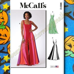 May include: McCall's sewing pattern M8512 for a jumpsuit and two dresses. The jumpsuit is red, pink, orange, and purple with a wide leg. The first dress is green and the second dress is black and white.