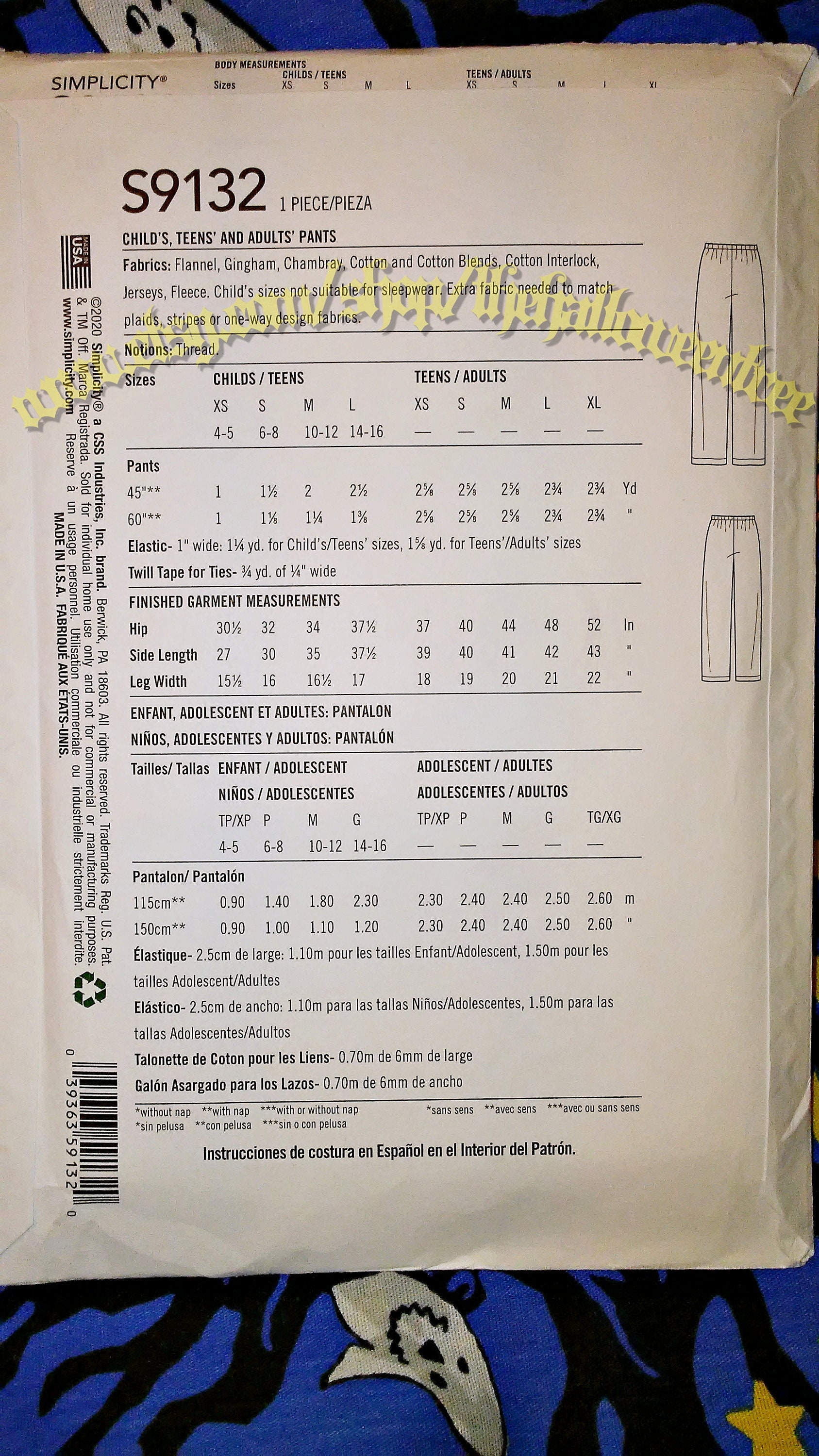 Simplicity 9132 Pajama Bottoms Sewing Pattern Pants Loungewear for the ...
