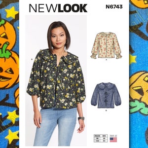 May include: A sewing pattern for a blouse with a ruffled collar. The pattern is from New Look and has the number N6743. The pattern shows three different views of the blouse, one with a floral print, one with a solid color, and one with a denim print.