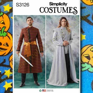 May include: Simplicity Costumes pattern featuring two costume designs. One is a brown and black medieval-style outfit with a gold sash and a sword. The other is a long, gray robe with a high collar and button details.