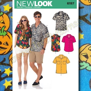 May include: Sewing pattern for a Hawaiian shirt with a variety of designs. The pattern includes instructions for making a shirt with a floral print, a geometric print, a solid pink shirt, and a solid yellow shirt. The pattern is labeled "New Look" and "6197".