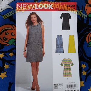 May include: A sewing pattern for a dress with four different styles. The pattern is called "New Look" and the number is 6500. The pattern includes a sleeveless dress with pockets, a sleeveless dress with a yellow bodice and a blue skirt, a sleeveless dress with a blue bodice and a blue skirt, and a dress with 3/4 sleeves and a colorful striped pattern.