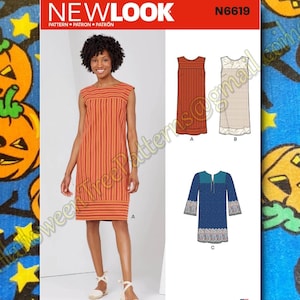 May include: Sewing pattern for a sleeveless dress with a striped design, a sleeveless dress in a solid colour, and a long-sleeved dress with a floral print. The pattern is called "New Look" and the number is N6619.